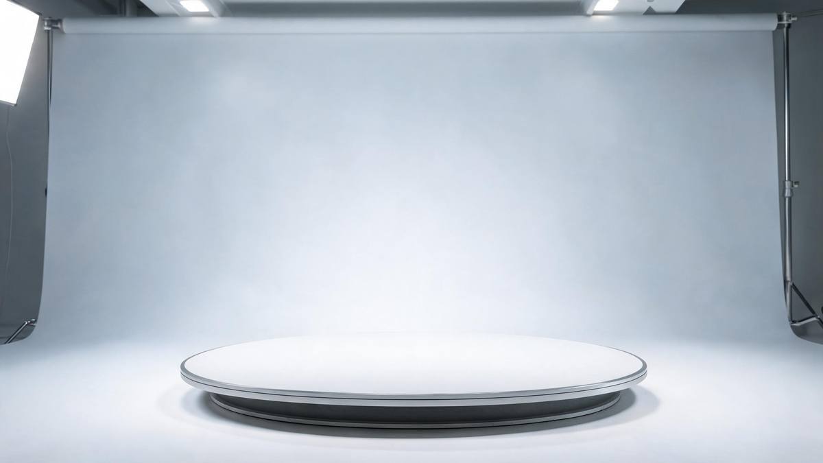 A plain seamless studio backdrop with a circular mark on the floor under soft even lighting
