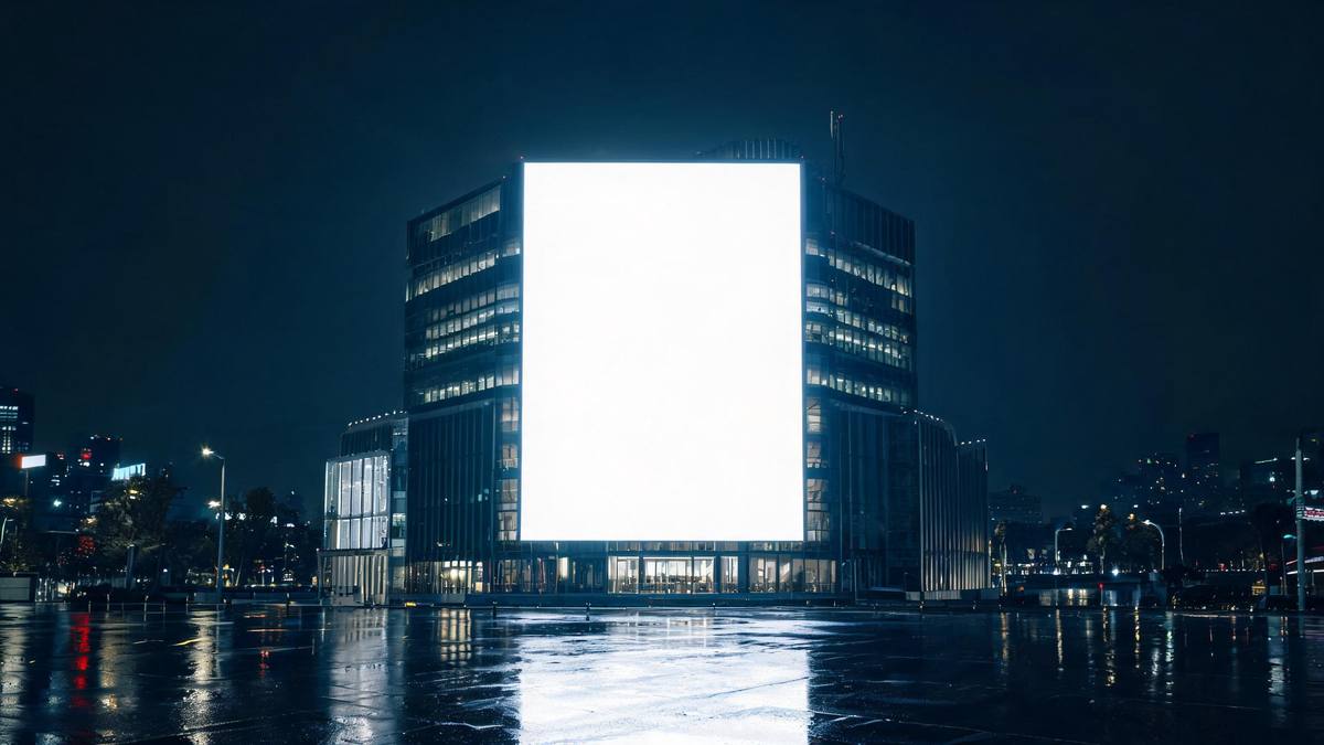 A tall city building facade covered by a large glowing blank screen at night
