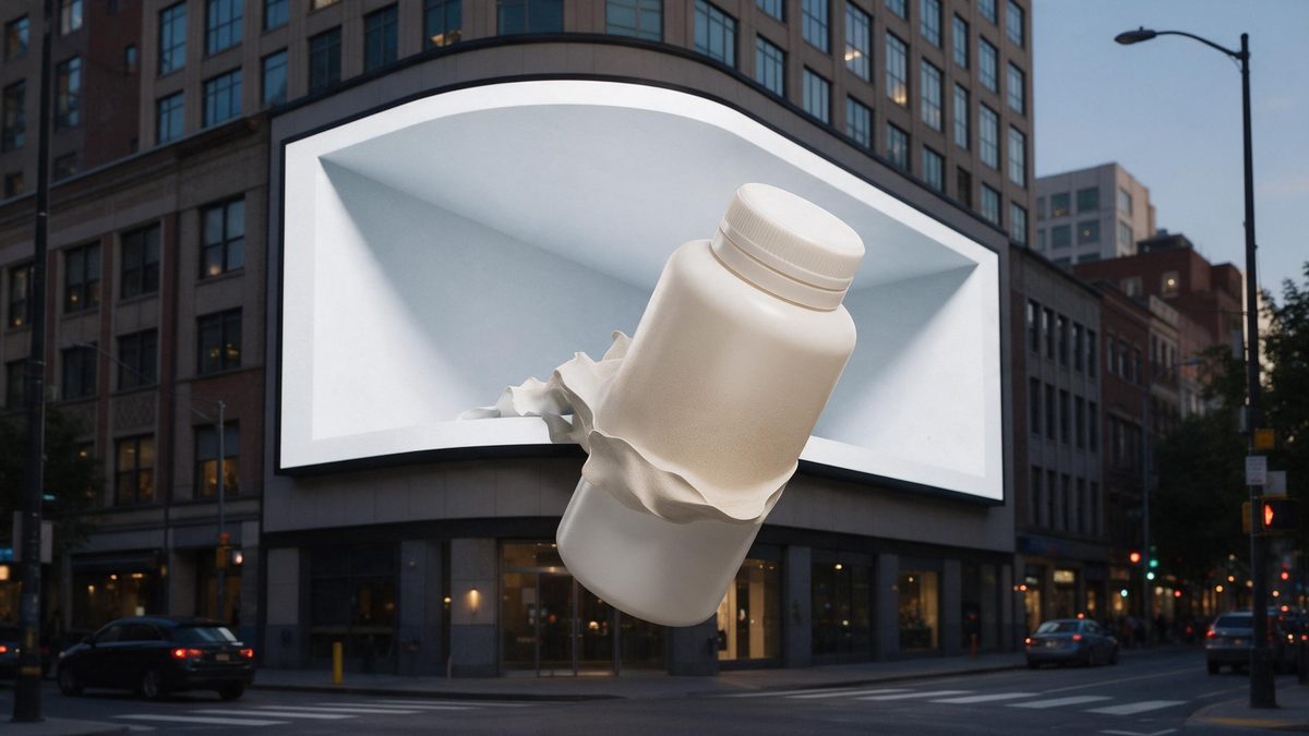 A large curved screen on a city facade with a plain product breaking out of it into the street