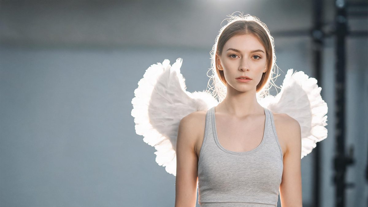 A woman with European features standing with a pair of white feathered wings growing from her back, soft light behind her, neutral studio