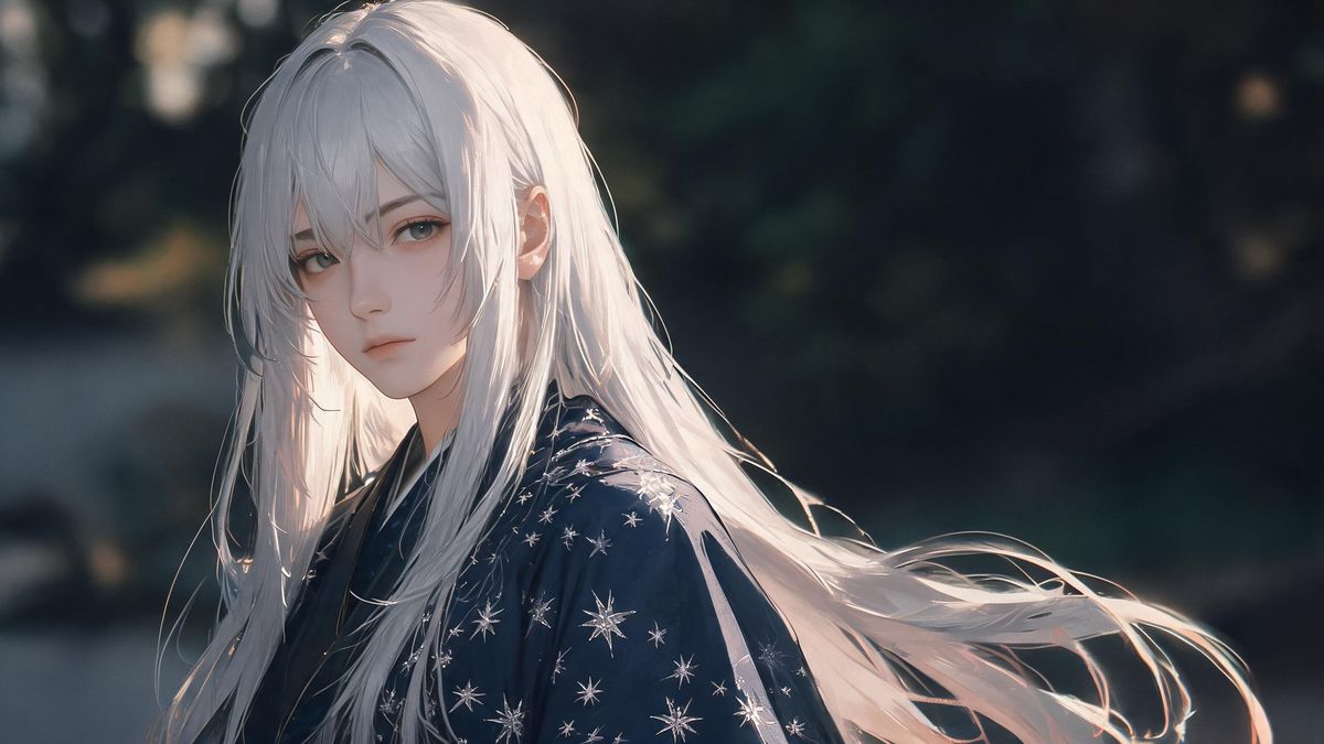 A painterly original anime character with silver hair and a robe, soft brush texture.