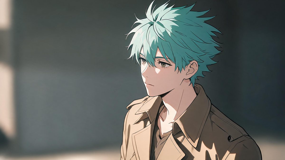A stylized original anime character with teal hair and a traveler coat, drawn in clean cel-shaded lines.