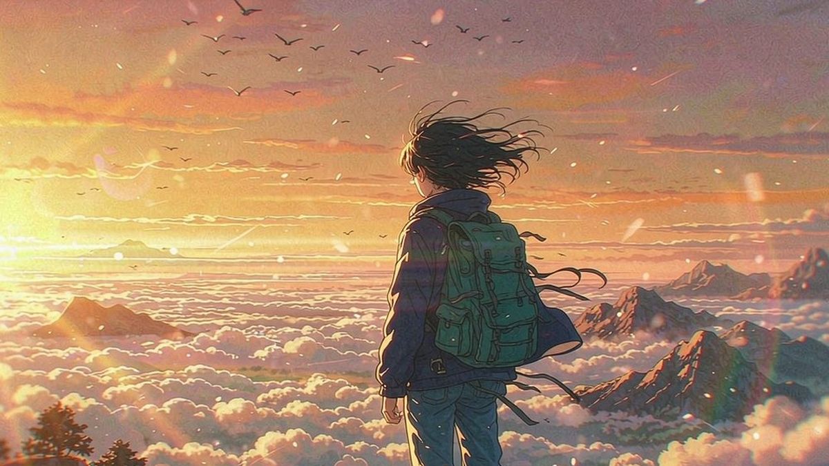 A figure on a cliff edge above a sea of clouds at sunset