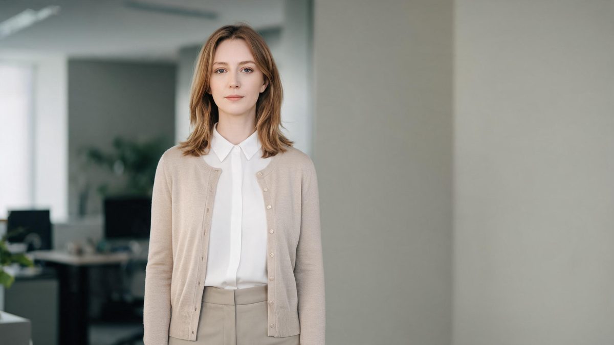 A presenter avatar delivering a training session in a softly lit office