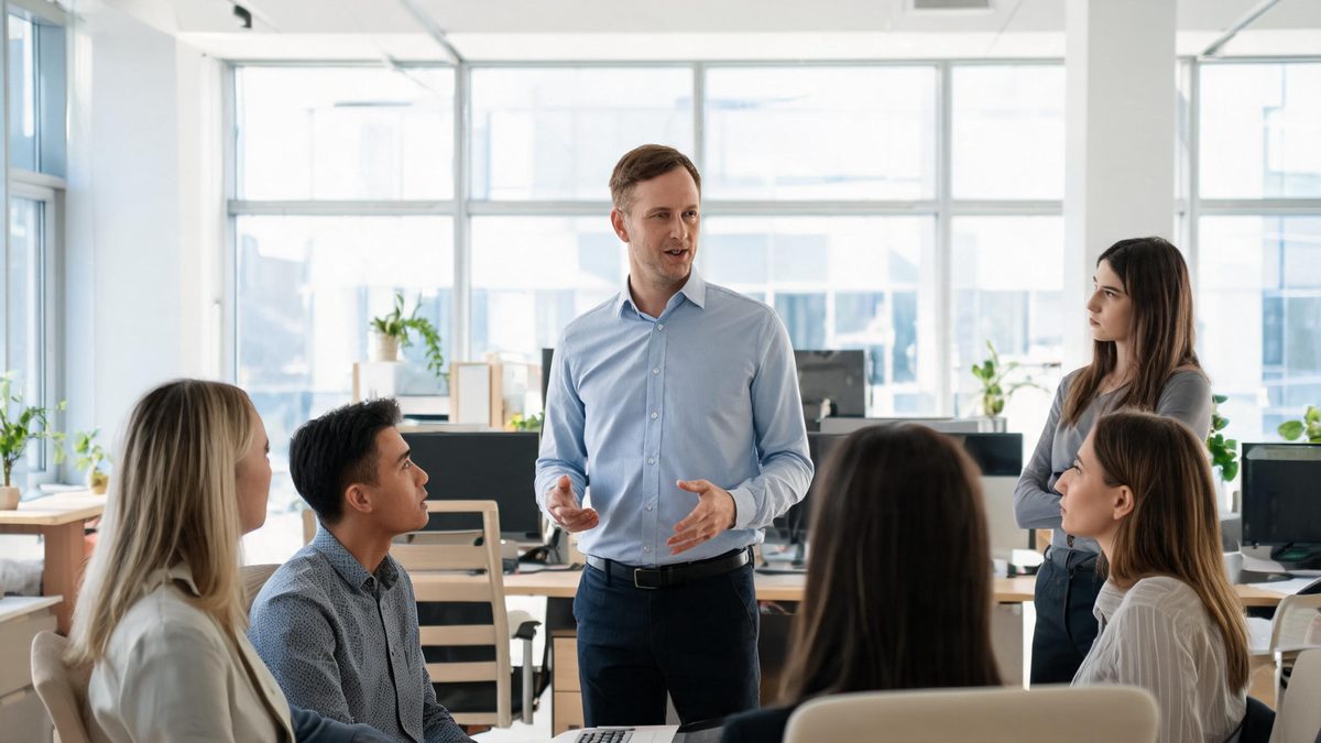 A company avatar presenter sharing an internal announcement