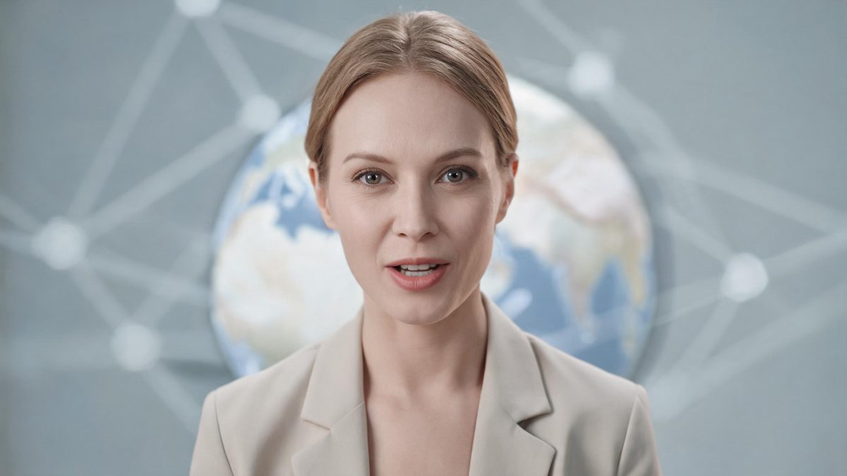 A presenter avatar speaking multiple languages on screen