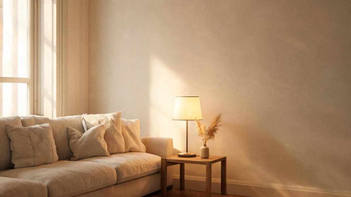 A quiet living room corner with a linen sofa and soft lamp light