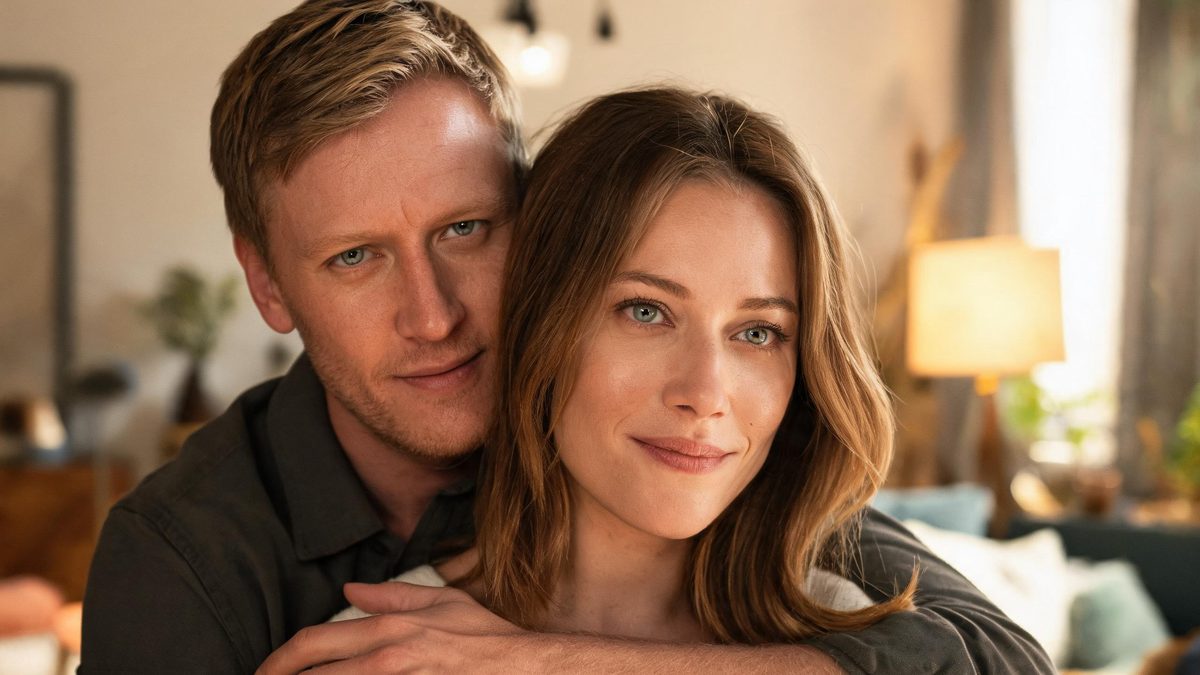A man standing close behind a woman with his arms wrapped gently around her shoulders in soft lamp light