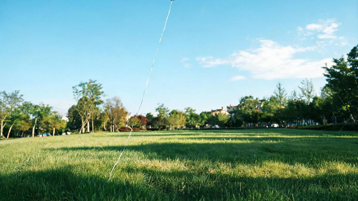 A sunny park meadow with the string of a single escaped balloon trailing up out of frame into blue sky