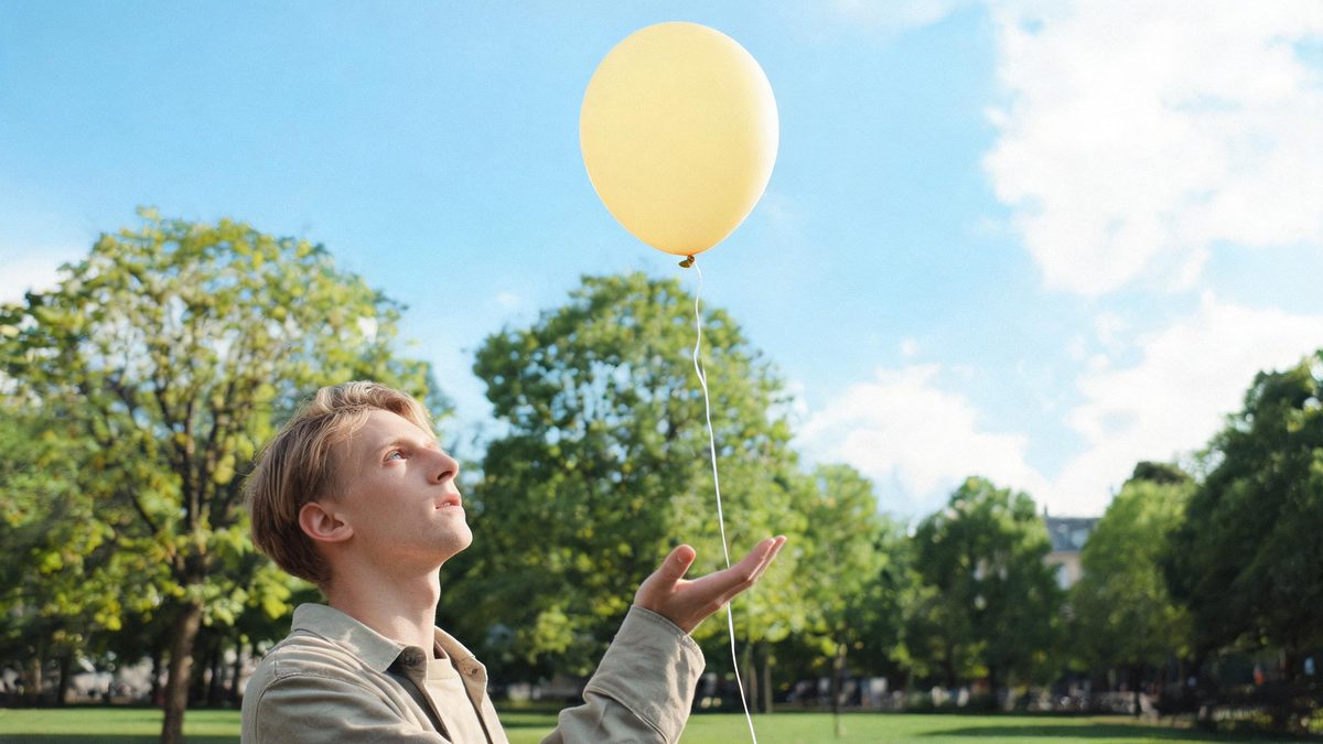 A man in a sunny park looking up as a balloon-shaped version of him lifts off above the treeline with a string trailing