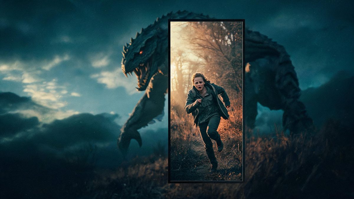 A person with European features running in a vertical frame as a large beast looms behind, dramatic cinematic light