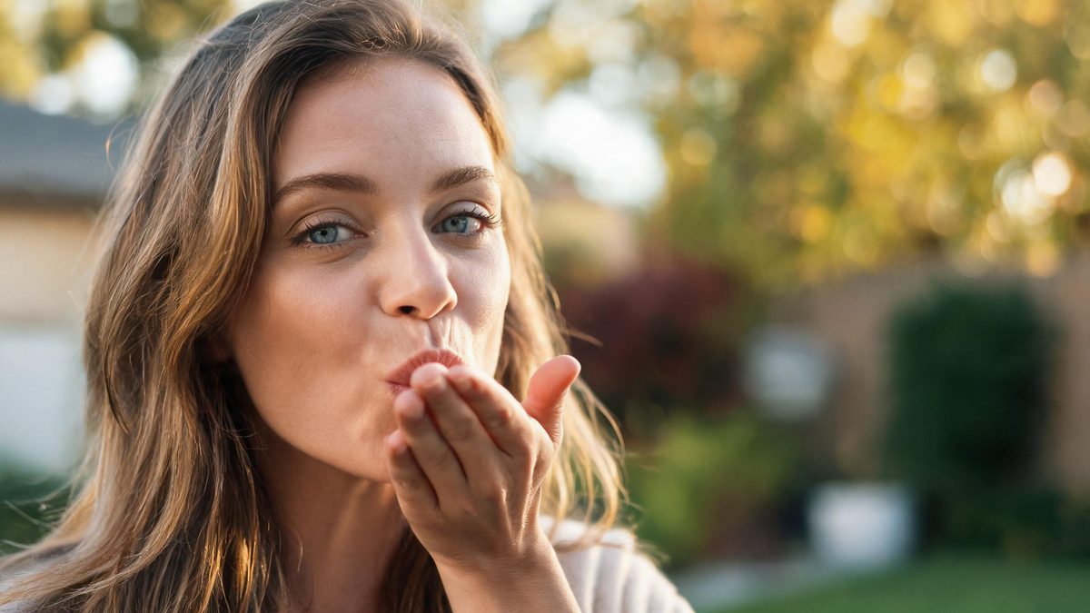 A woman blowing a kiss towards the camera with her hand just leaving her lips, lit by soft studio light