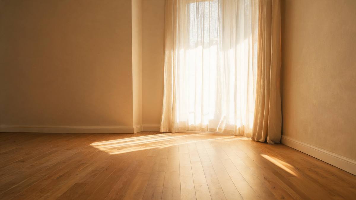 An empty sunlit living room with a wooden floor and soft curtains