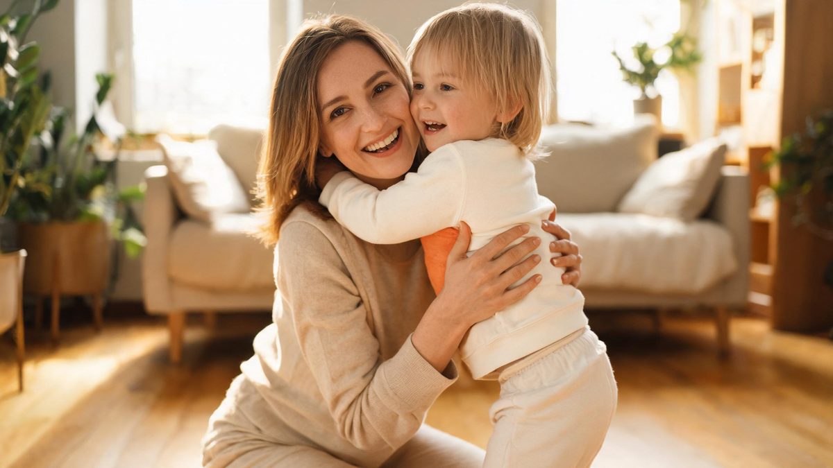 A woman kneeling on a wooden floor as a small child with similar features hugs her in a sunlit room