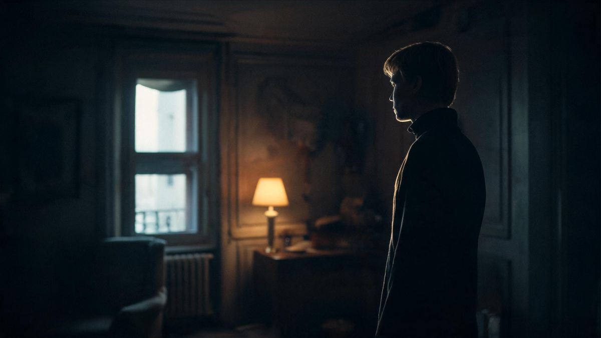 A dim room with a single practical lamp and a figure in silhouette.