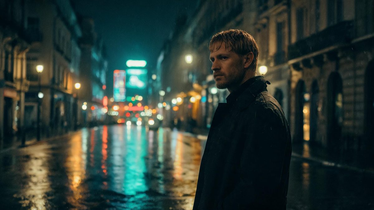 A lone figure on a rain-slick city street at night, neon reflections on the wet ground.