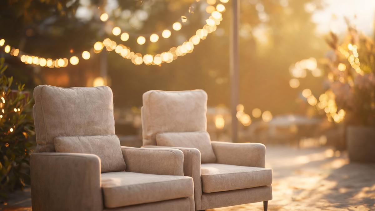 Two empty chairs placed close together under warm string lights, a small gap between them, no people
