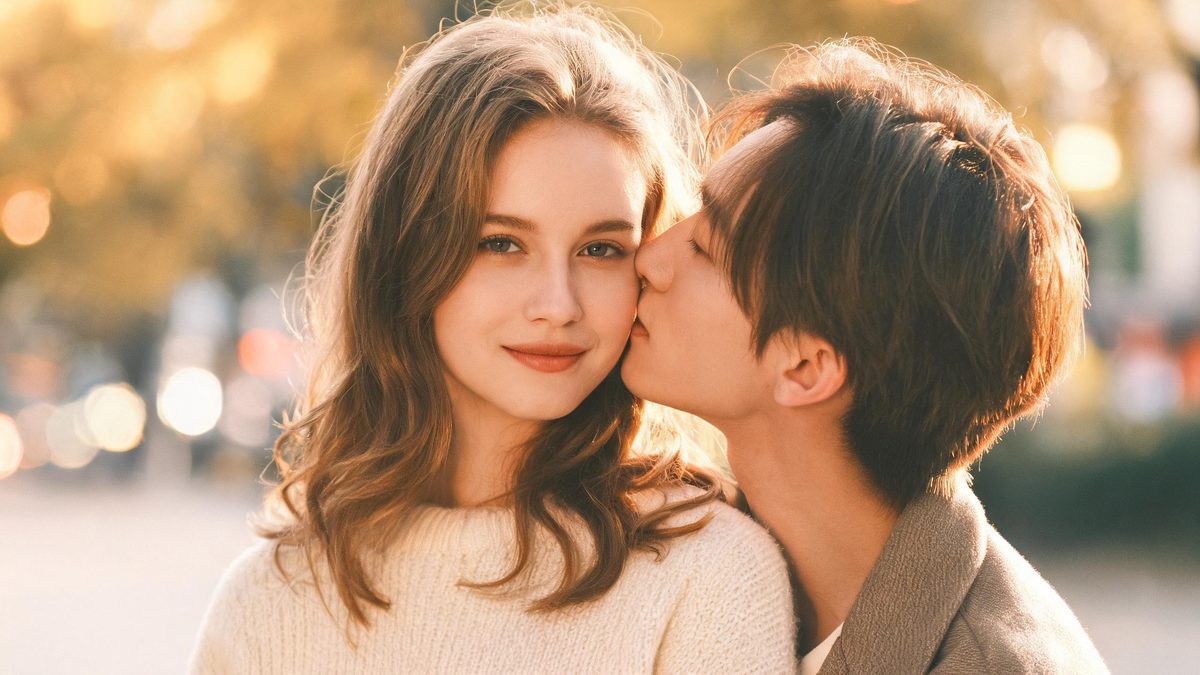 A woman with European features in a front-facing half-body shot as a second person leans in to kiss her cheek, warm soft light