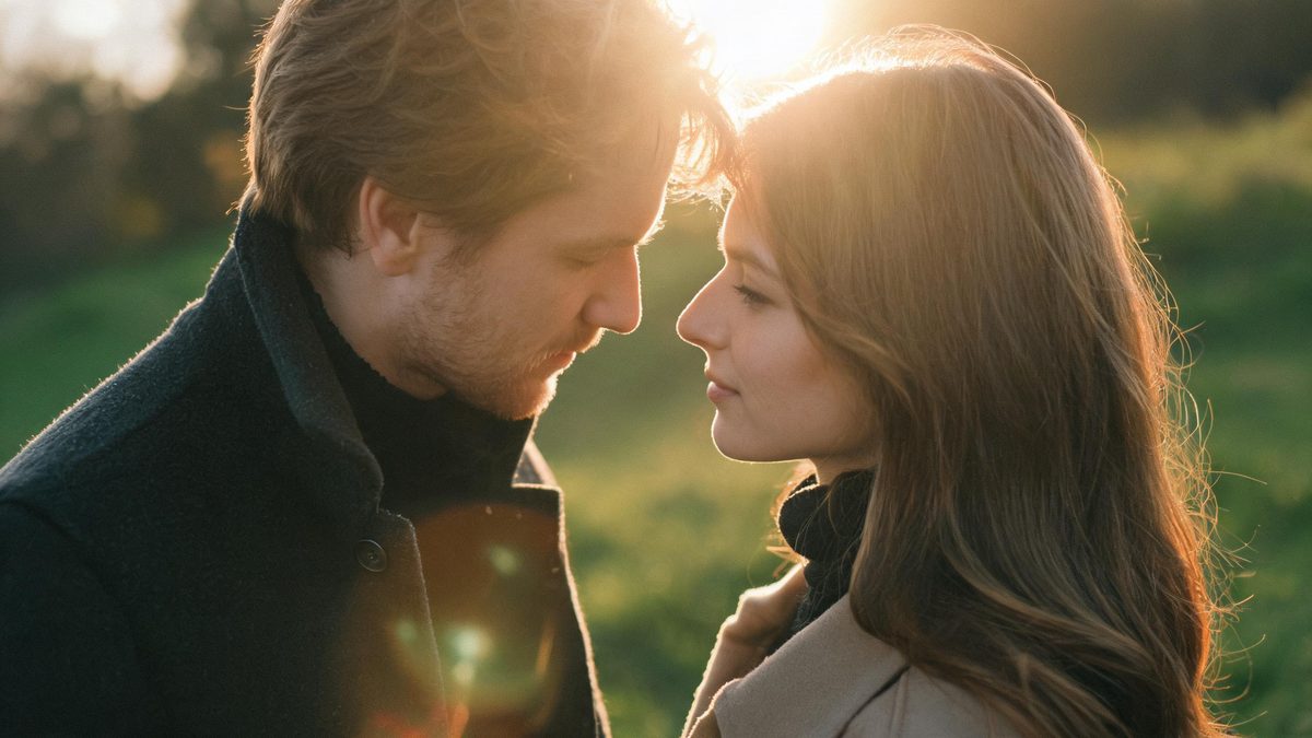 Two people standing close together at golden hour, the warm low sun behind them.