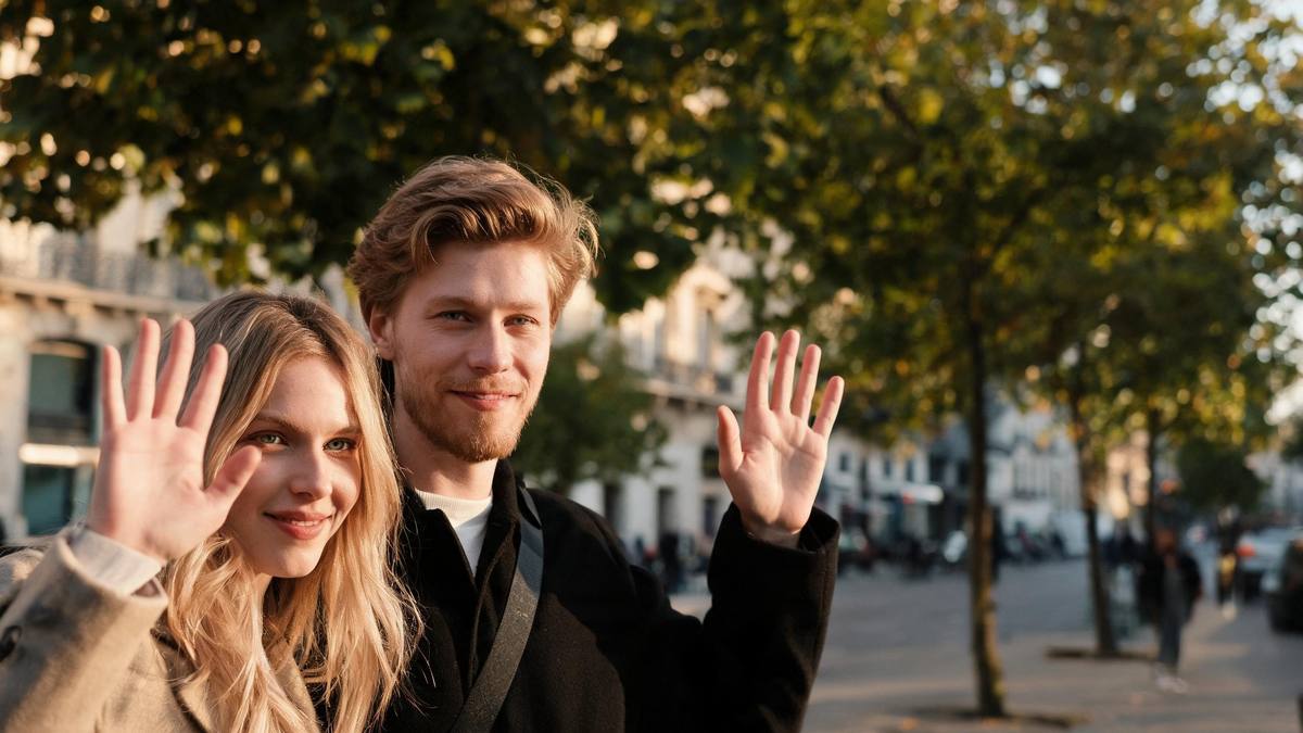 Two people waving at the camera on a leafy city street in warm late afternoon light
