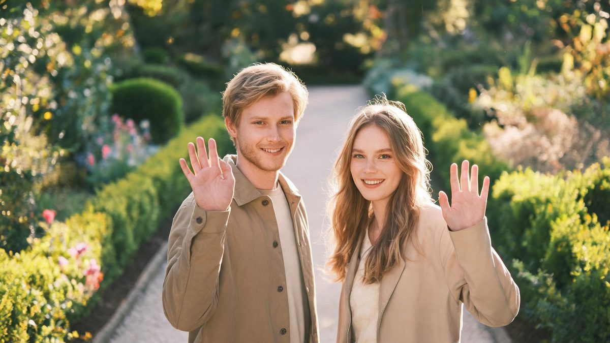 A man and a woman standing side by side on a sunlit garden path, both smiling and waving at the camera