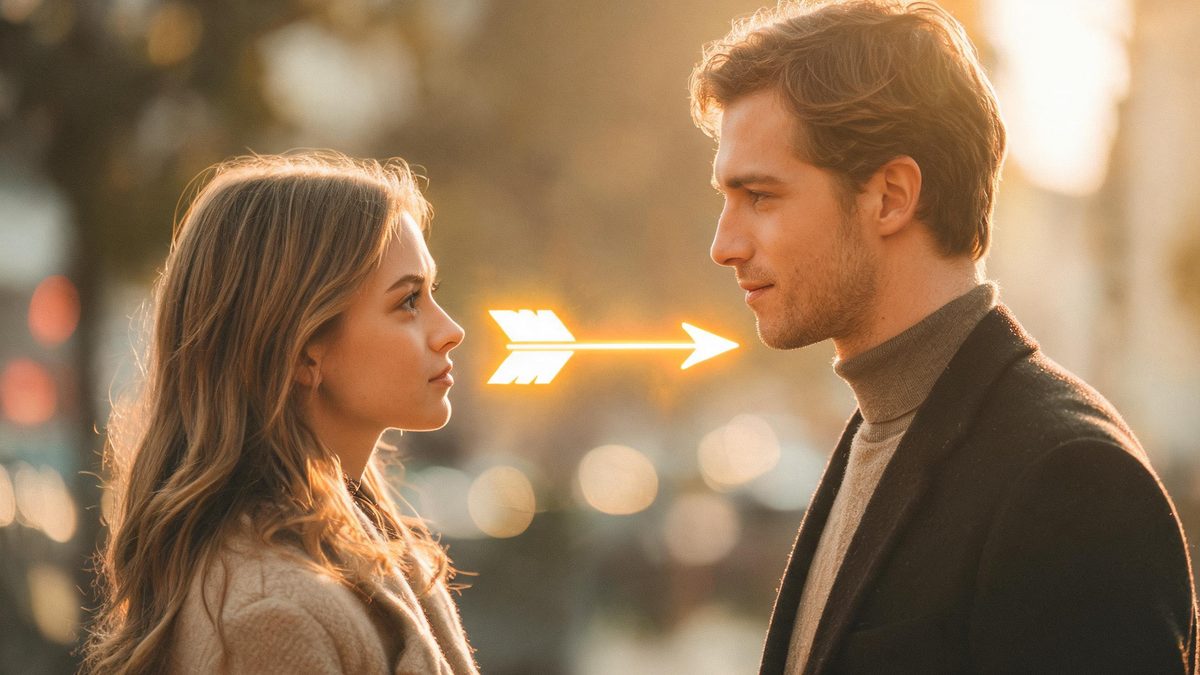 A couple with European features in a half-body shot as a glowing arrow passes between them, warm cinematic light