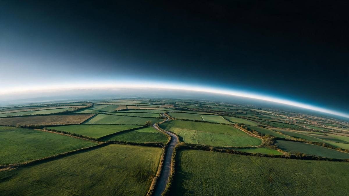An aerial view of green countryside fields and a winding road under a sky deepening to black with the planet curving