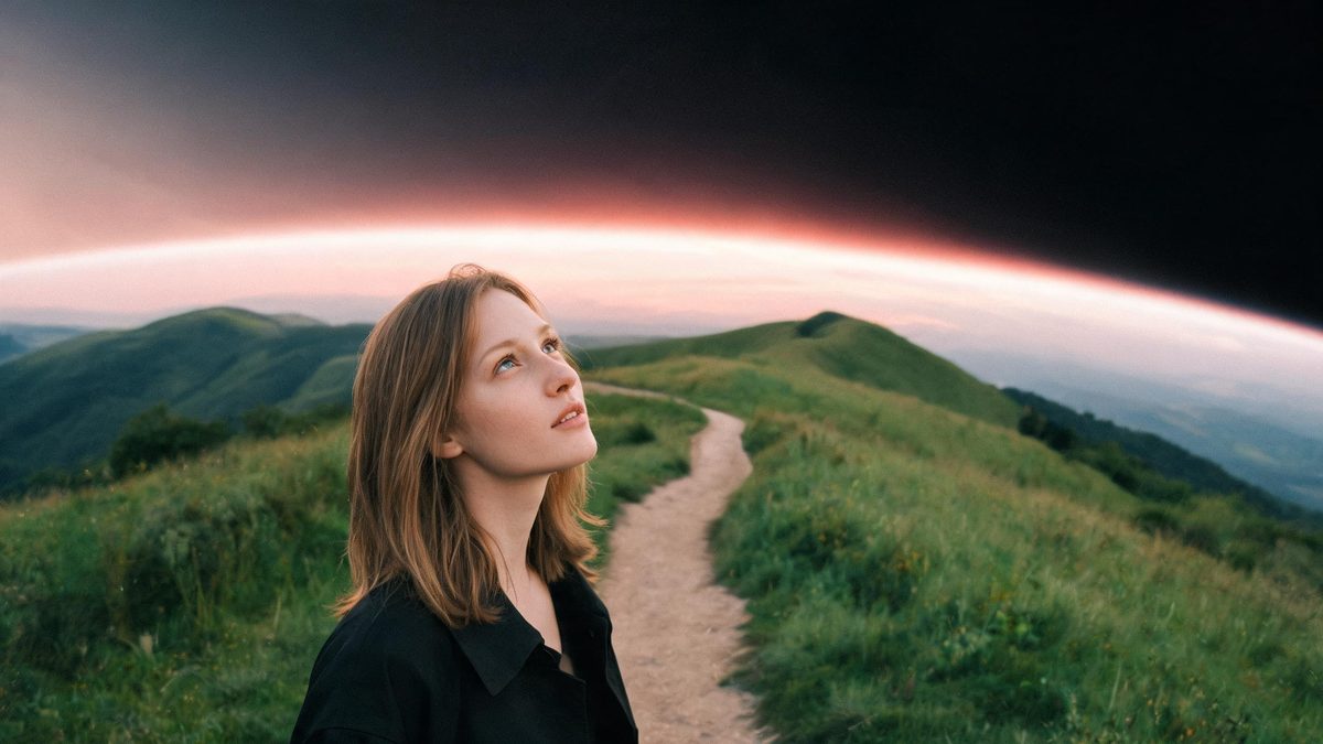 A woman on a green hillside path looking up as the sky deepens to space and the horizon begins to curve