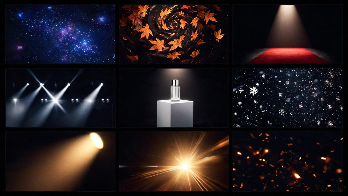 A grid of nine cinematic video stills showing different creative visual transformations, from glowing particles to red carpet spotlight and snow sparkles.