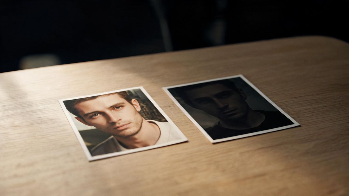 Two small printed portraits lying side by side on a pale wooden table, one lit from the left and the other in shadow, no people in frame