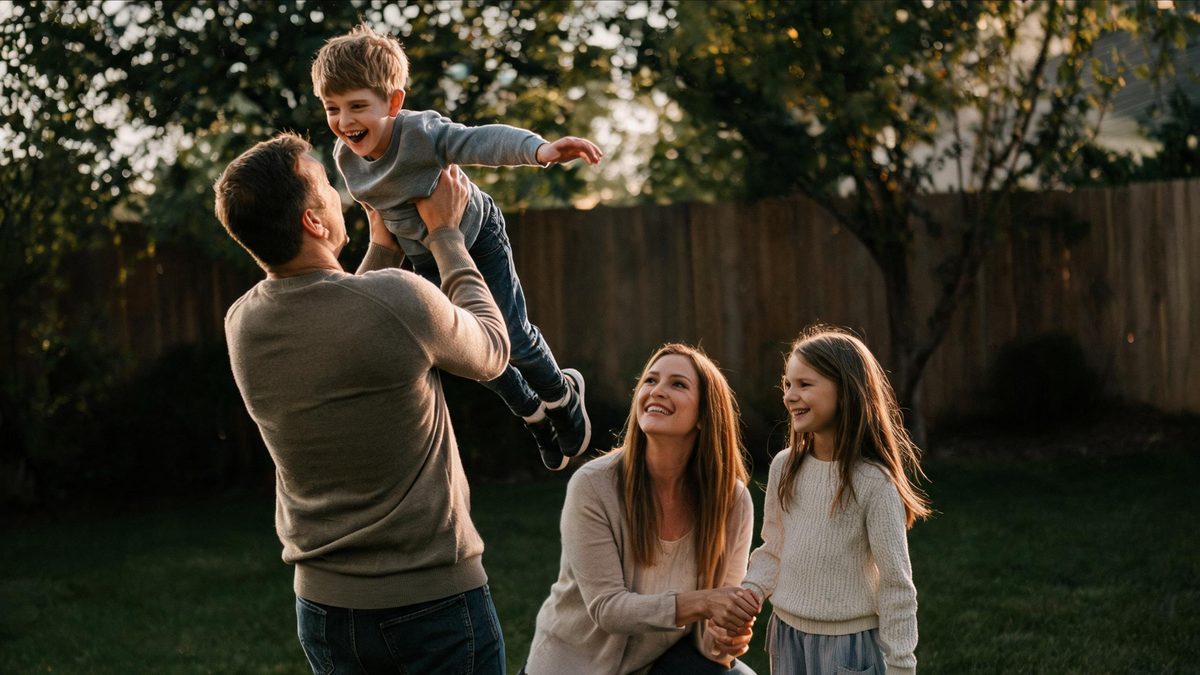 A family of four playing together in a backyard at golden hour, candid and relaxed.