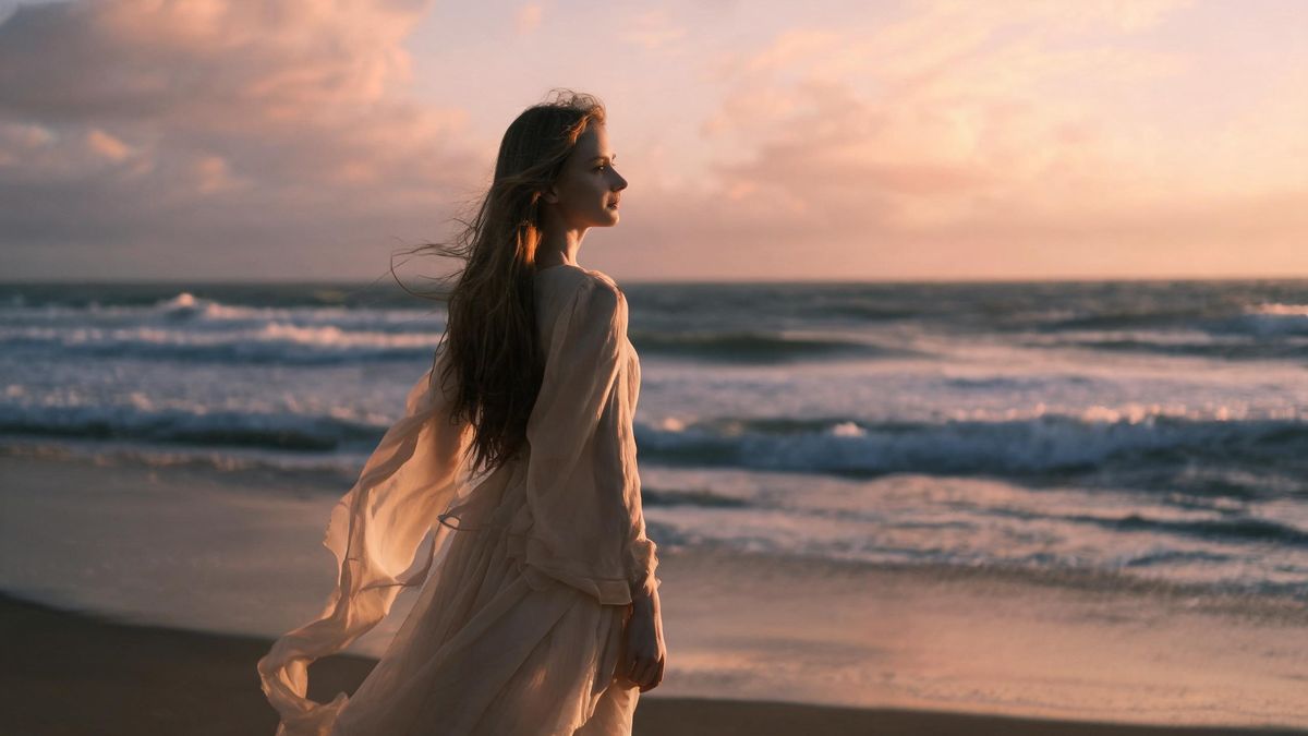 A flowing dress on a coastal background in golden hour light.
