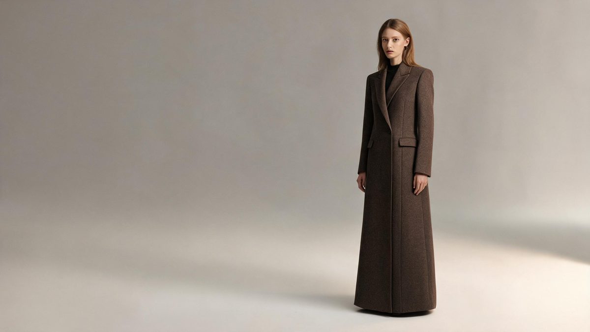 A model in a tailored wool coat against a plain studio background, soft box light.