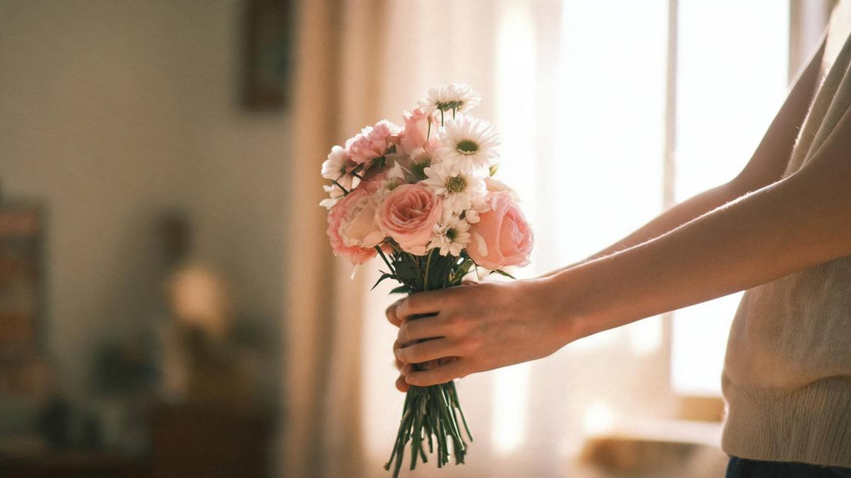 A bouquet of pink and white flowers being held out, hands only, in soft window light