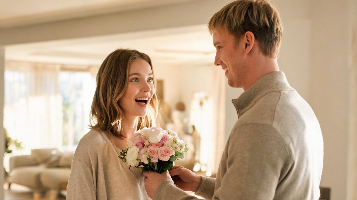 A woman smiling in surprise as a man hands her a bouquet of pink and white flowers in a bright living room