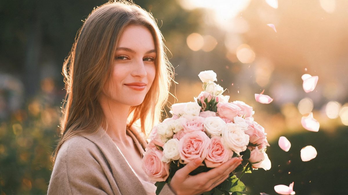 A woman with European features in a front-facing half-body shot receiving a bouquet, a few petals drifting in the air, warm light