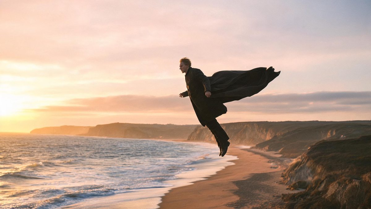 A man with European features full body flying above a coastal landscape at golden hour, his coat streaming