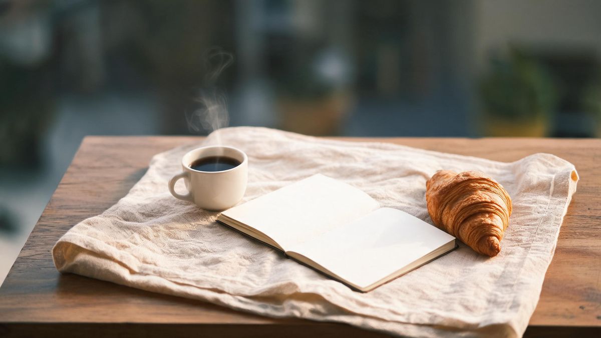 A coffee cup with a notebook and croissant on linen in soft morning light.
