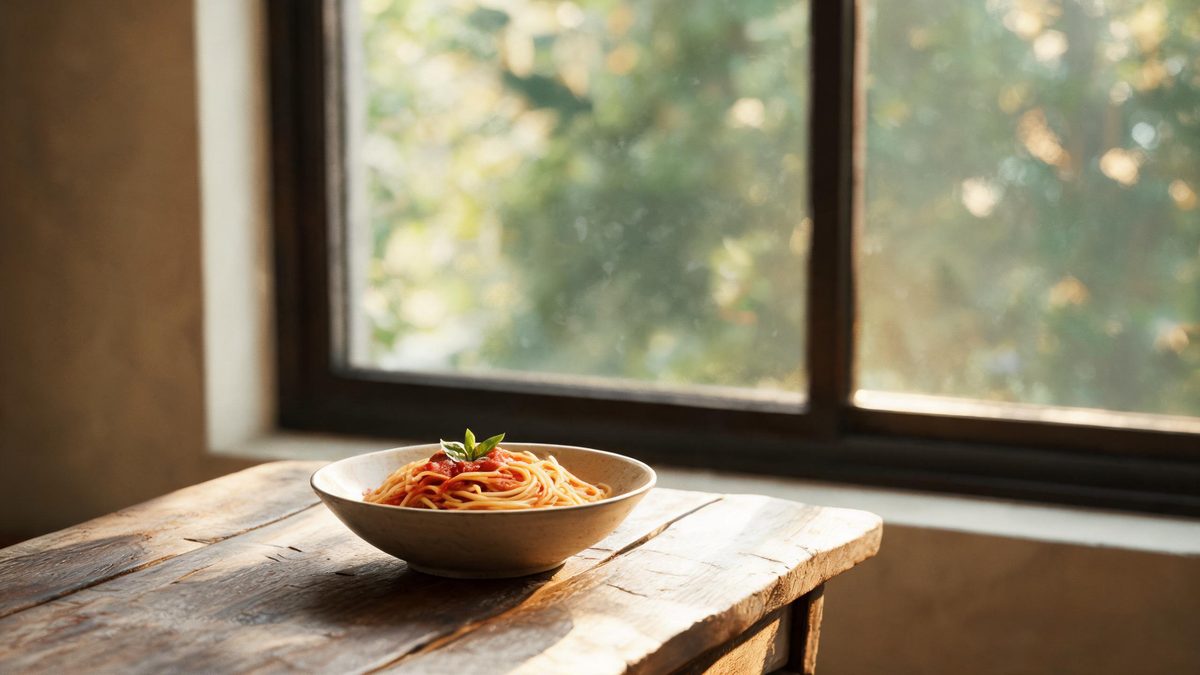 A bowl of pasta on a wooden table by window light, shallow depth, warm tones.