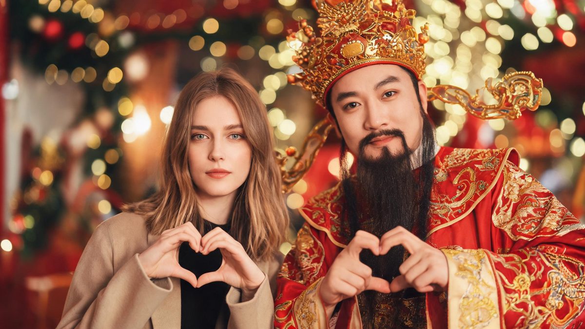 A woman making a finger heart at her chest beside a traditional Chinese God of Wealth figure doing the same