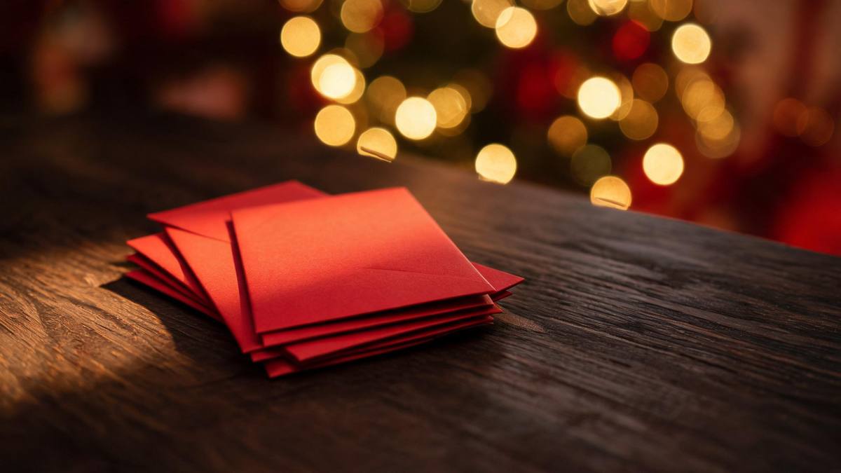 A small stack of red envelopes resting on a dark wooden surface in warm side light