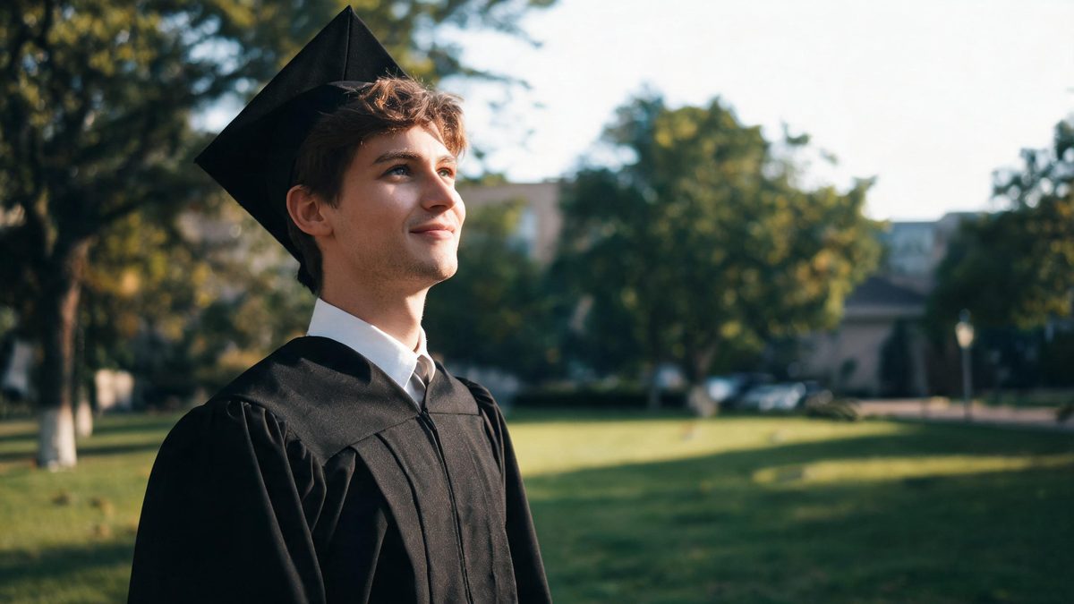 A graduate in gown and cap on a campus lawn, natural daylight, proud posture.