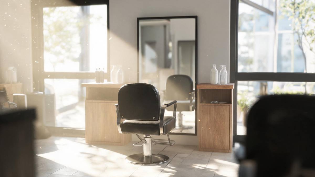 A bright salon interior with an empty styling chair, mirrors reflecting soft daylight and blurred unlabelled colour bottles