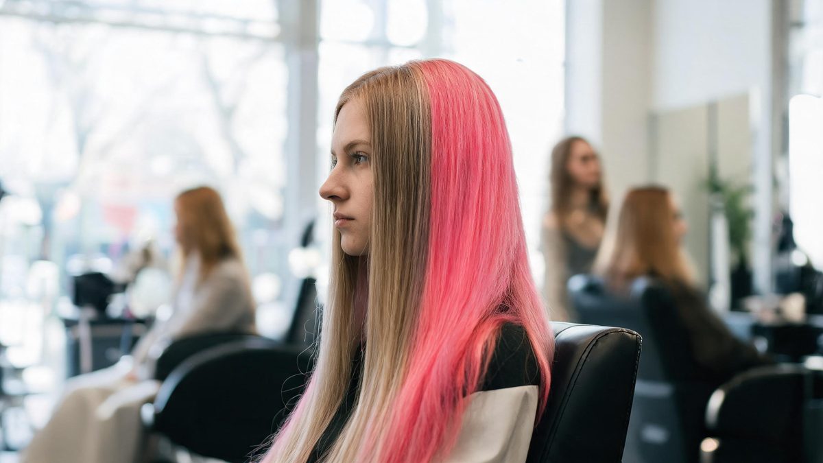 A woman in profile in a salon chair with her long hair split between two shades as the colour passes through, bright mirrors behind