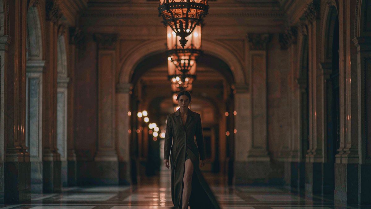 A model in a long coat walking through a grand hotel lobby lit by warm chandeliers