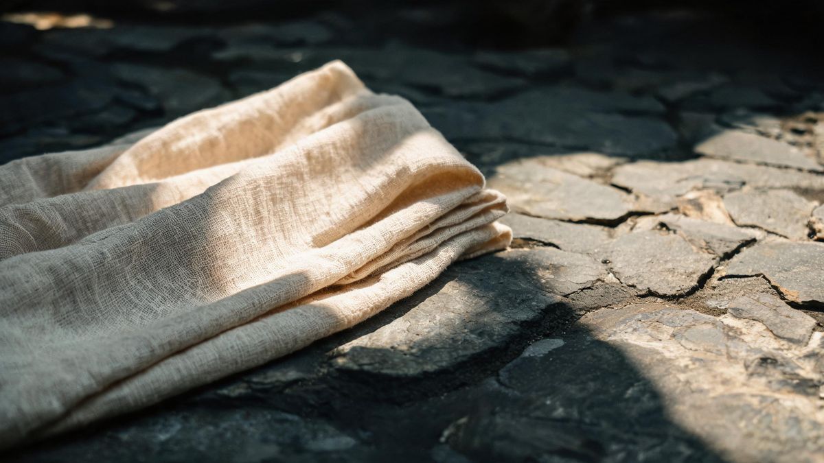 A folded linen cloth on a stone surface lit hard from one side, the weave reading clearly in the light