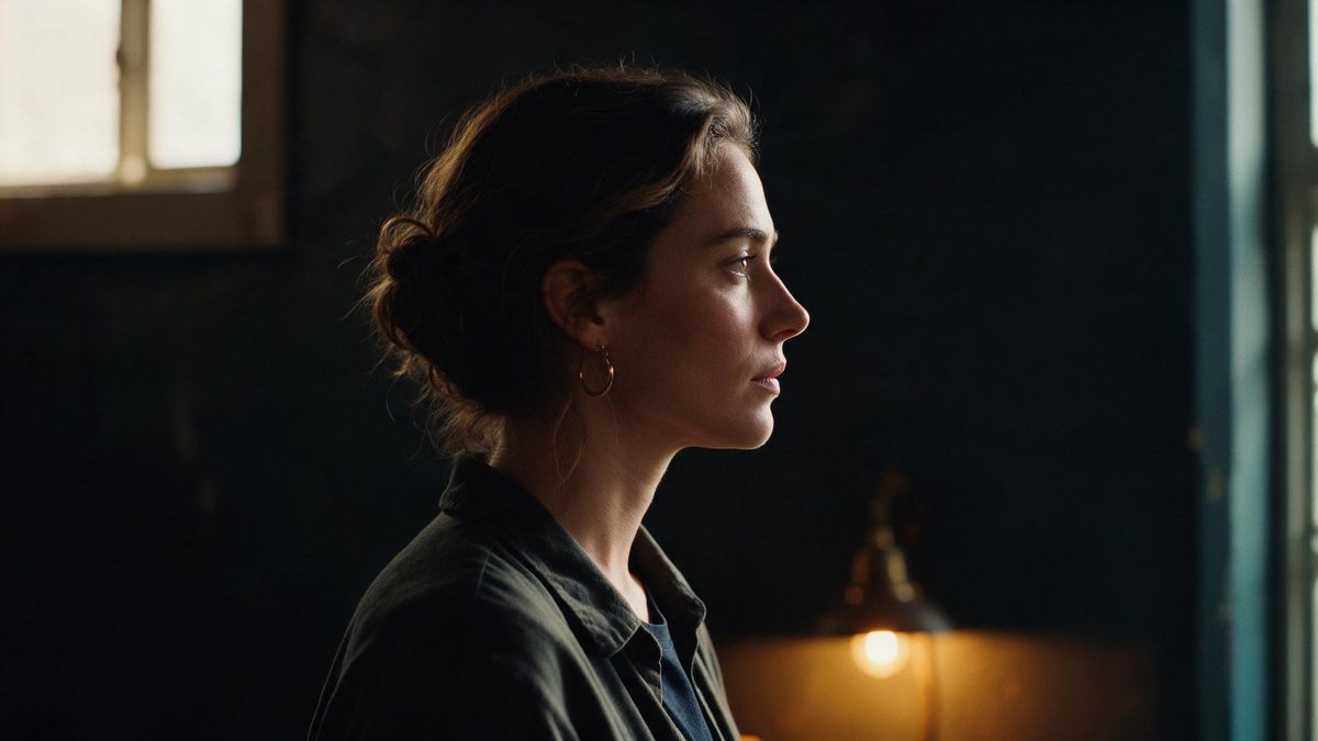 A European woman photographed in profile against a dark wall, a single soft key light defining the edge of her jaw, everything behind her in shadow