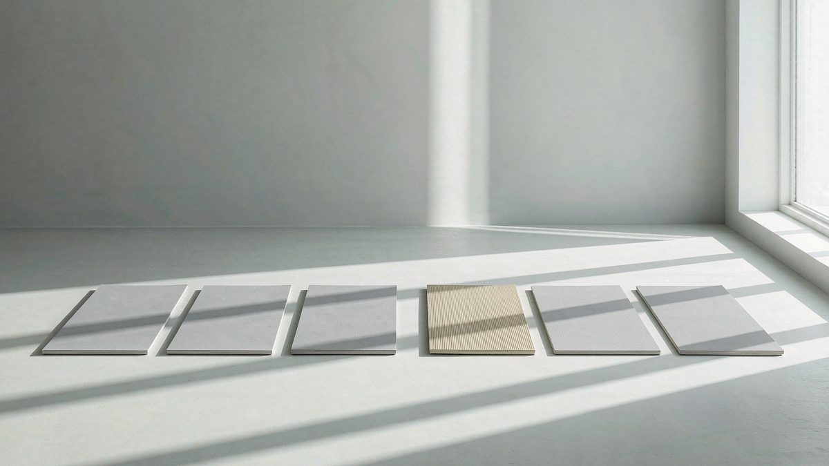 Six matte paper cards arranged in a neat row on a pale grey surface with one warm accent card in the middle