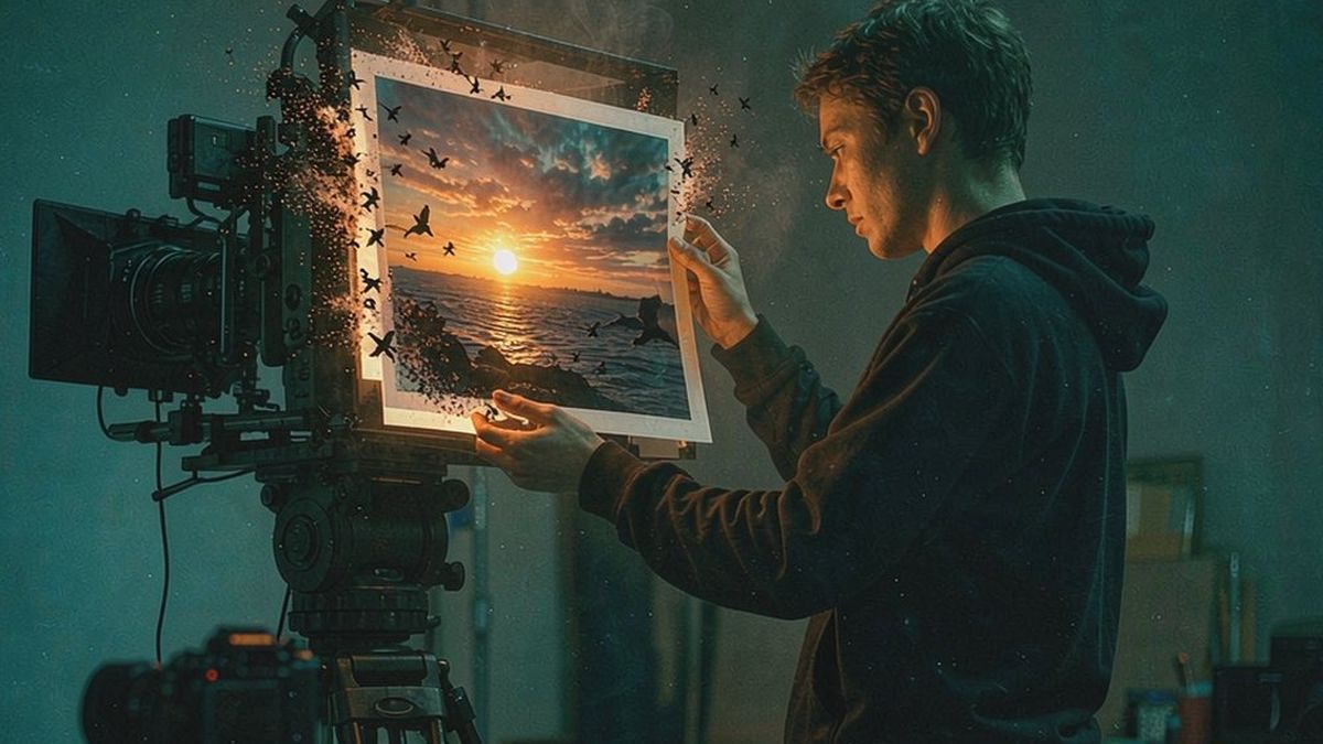 A photographer holding a photographic print of a sunset beside a film camera on a tripod