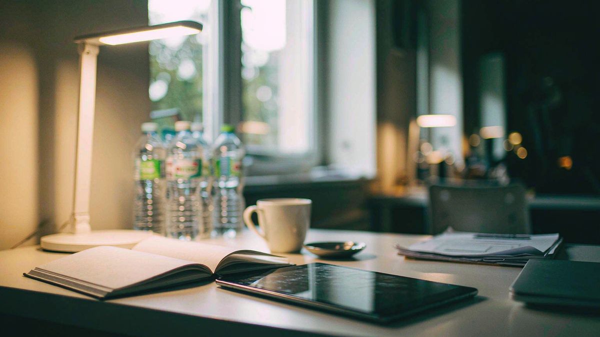 A study desk with an open notebook, a tablet and a cup under warm lamp light